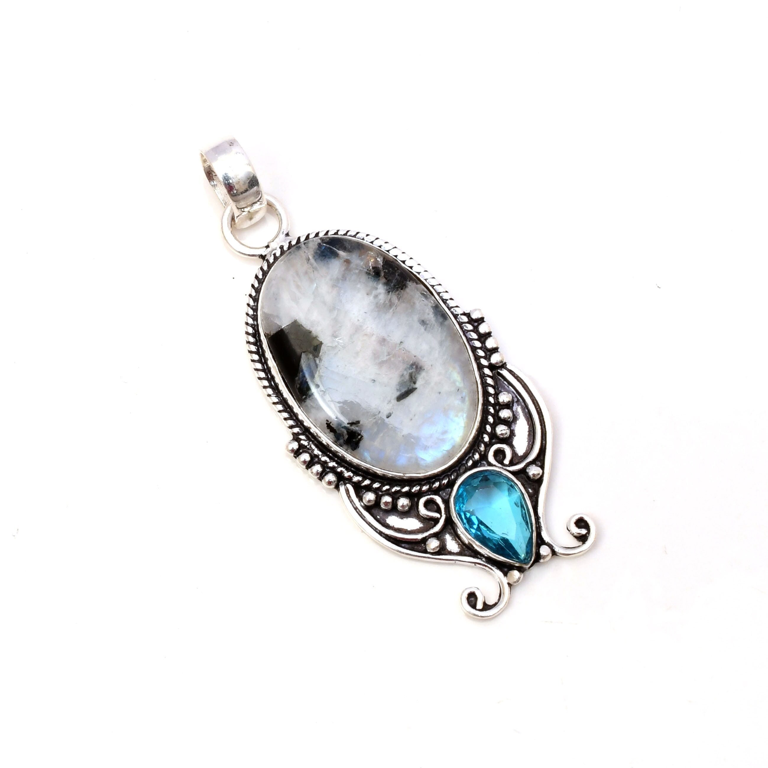 Pendentif En Argent Massif Avec Pierre De Lune Et Topaze Bleue - Fabriqué à Londres - Neuf Sans Emballage