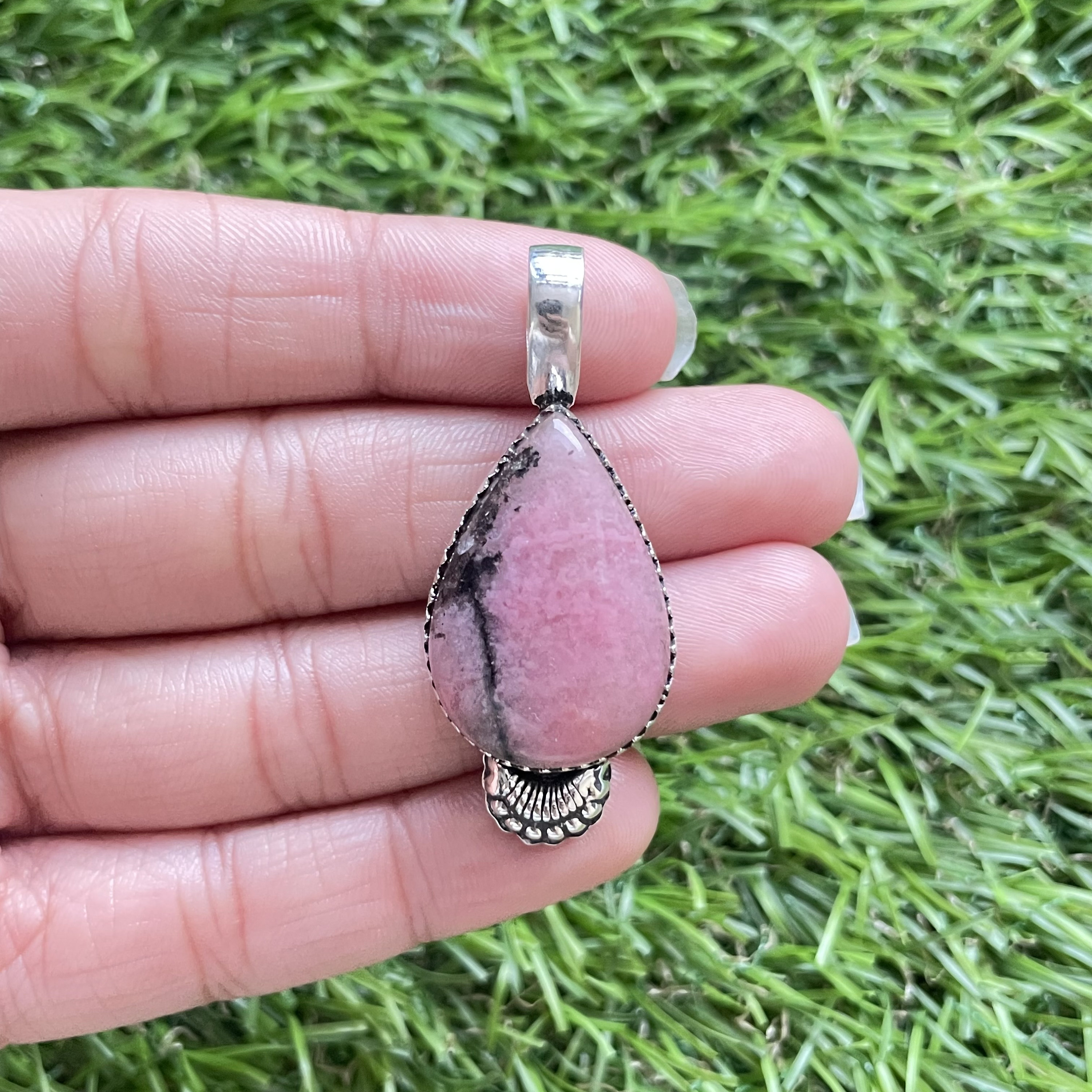 Ciondolo Artigianale In Argento 925 Con Pietra Cuore Di Kunzite Rosa - Gioiello Fatto A Mano India
