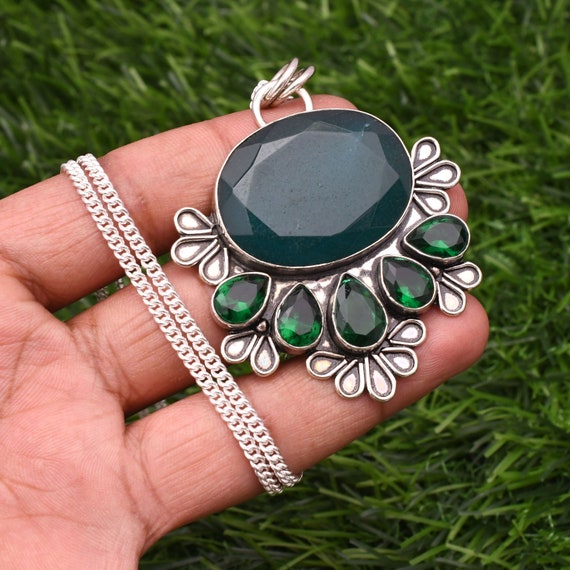 Collier Main Pierre Verte émeraude Argent 925 Sterling - 16 Pouces - Fait Main - Neuf