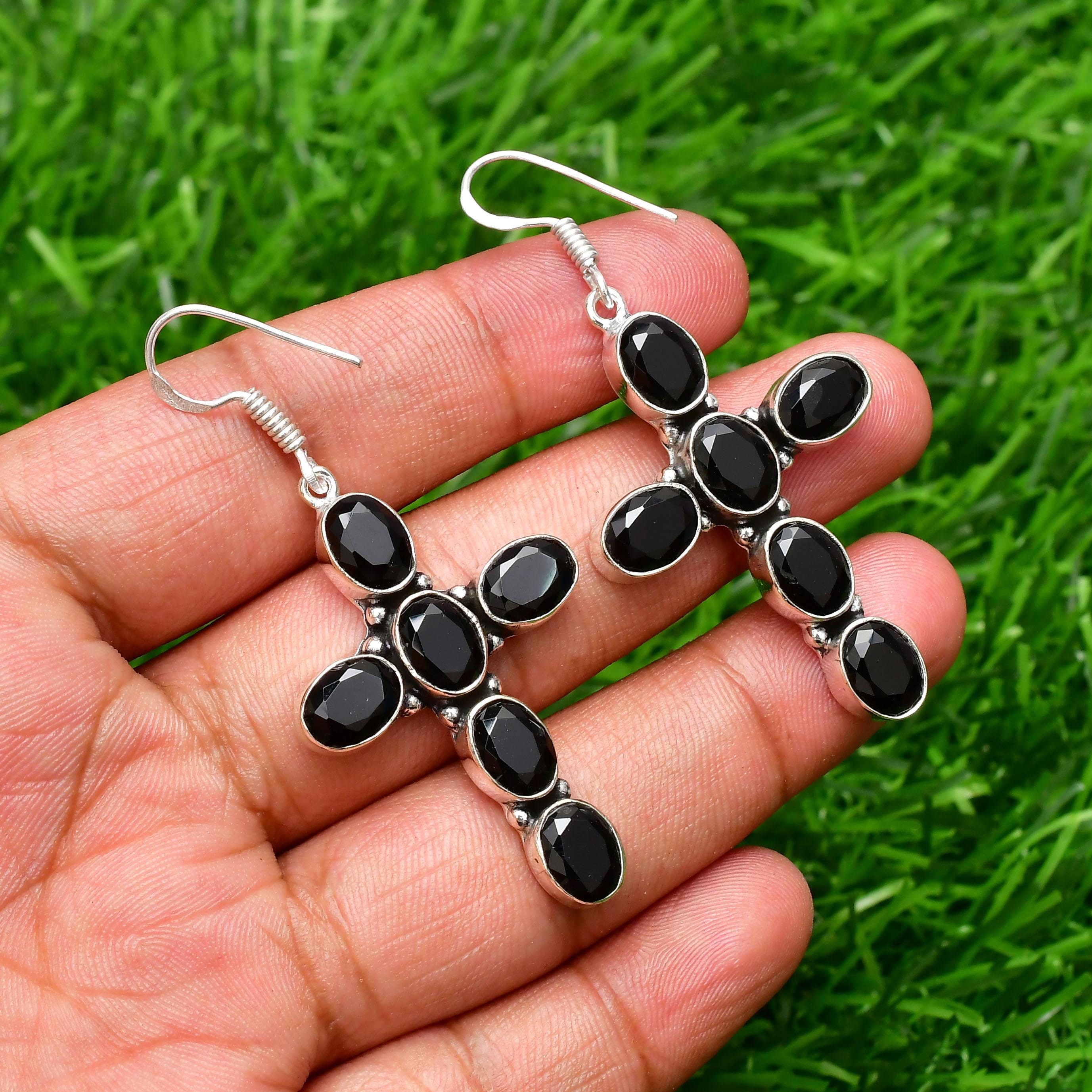 Black Onyx Cross Earrings: Handmade Sterling Silver Gemstone