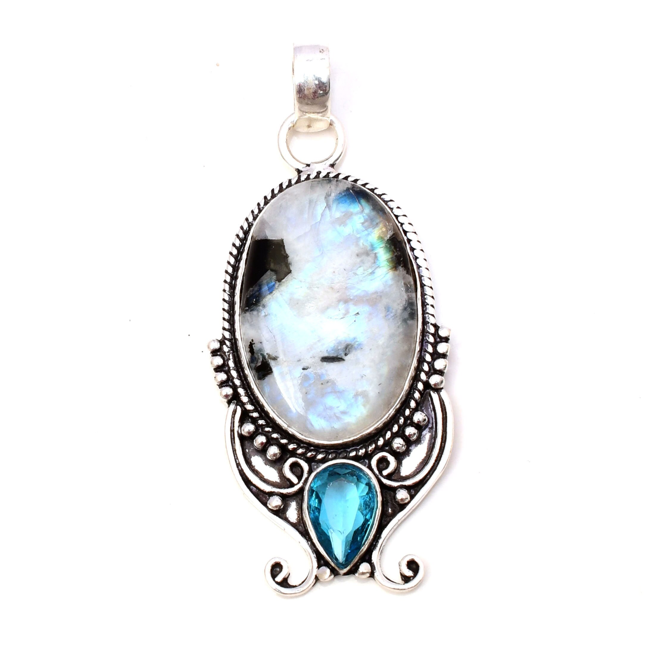 Pendentif pierre de lune arc-en-ciel fait main en argent sterling avec topaze bleue - France