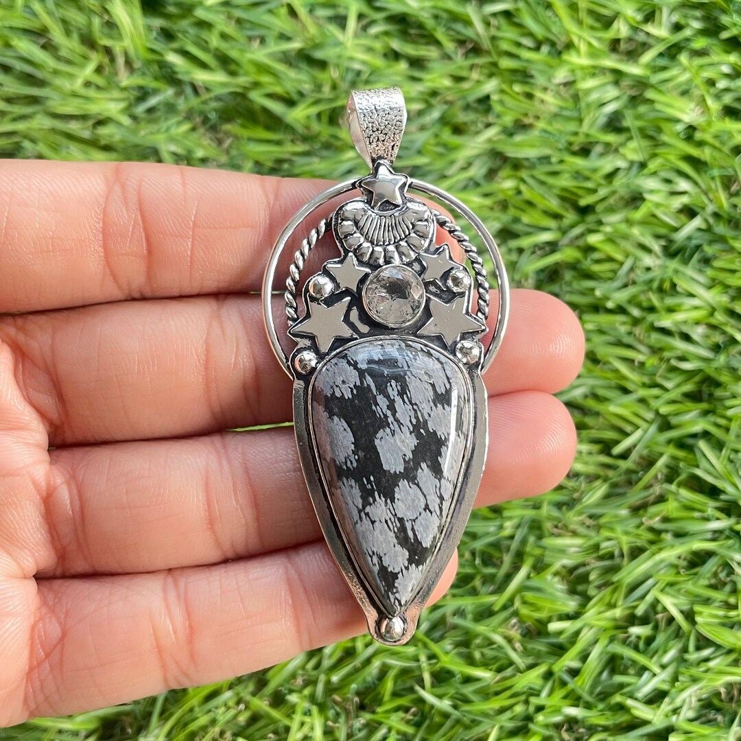 Snowflake Obsidian Pendant 925 Sterling Silver Pendant Snowflake
