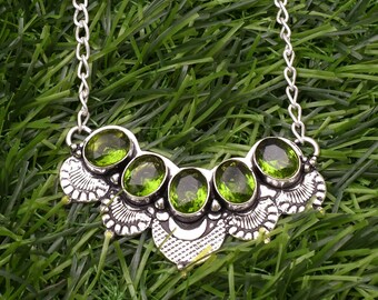 Collier En Argent Sterling 925 Avec Péridot Vert - Fait Main En Inde, Longueur 18 Pouces, Réglable - Idéal Cadeau