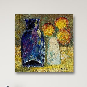 Still life with flowers oil painting, original painting, kitchen wall art, home wall decor, signed oil painting