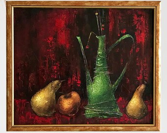 Obst-Stillleben-Kunst, Birnenöl-Kunstwerk, Teekanne-Wanddekoration, Teekanne-Wandkunst, Birnengemälde, Obst-Ölgemälde, Vintage-Stillleben-Gemälde