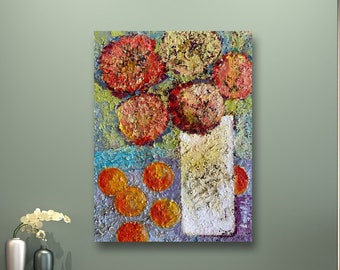Bloemenolieverfschilderij met textuur, abstracte bloemkunst aan de muur, 11,8 x 15,8