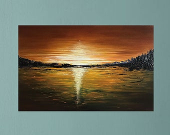 Sunrise painting, modern art seascape, river artwork, sunset ocean painting, landscape oil artwork, lake oil artwork, signed oil painting