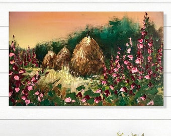 Landscape painting, textured wall art, impasto painting, living room wall art, wildflower art, floral farm artwork