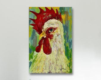 Origineel olieverfschilderij haan, kunst boerderijkeuken, gesigneerd canvas