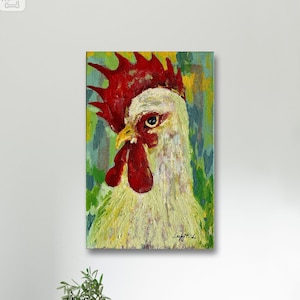 雄鶏の絵画、雄鶏のキッチンアート、農家の絵画、オリジナル絵画、素朴な装飾、署名入りの油絵