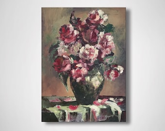 Signerade pioner oljemålning, blomsterstilleben, 20x24