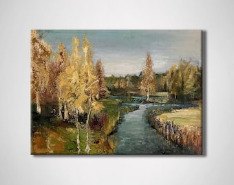 Countryside painting, river view scenic, dutch oil painting, moody landscape art, home decor, rural oil painting