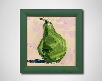 Pear oil painting,fruit still life,pear artwork,mini oil painting,botanical frame art,original painting,fruit oil painting,small kitchen art