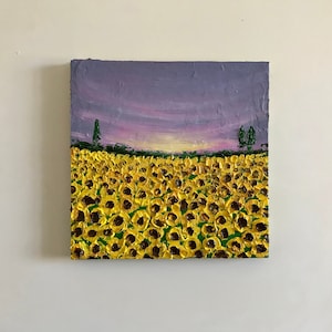 Blooming sunflowers in sunset oil painting, flower home decor, gardener gift, tuscany painting, kitchen painting image 1