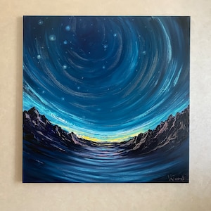Mountains wall art, abstract painting, blue oil painting, starry sky painting, abstract landscape art, wall home decor