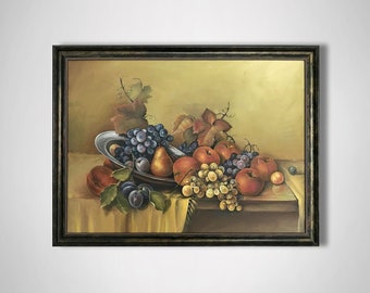 Vintage Fruit Still Life, Original Oil Painting, Rustic Kitchen Decor