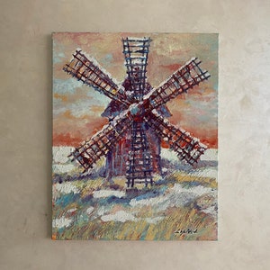 Windmill oil painting, scenic painting, landscape artwork, meadow landcape painting, ready to hang, original painting