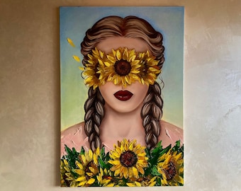 Lady with sunflowers, yellow home decor, original oil painting, textured sunflowers art, gift for her, woman oil art