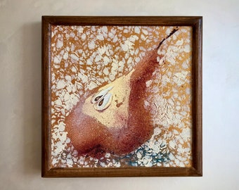 Pintura al óleo de pera, bodegón de cocina rústica francesa, 8x8