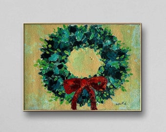 Christmas wreath painting, holiday decor, green and red holly wreath, winter painting, impressionist art, festive wall art