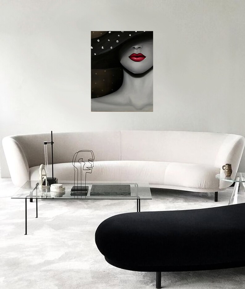 Woman in Hat Painting Red Lips Painting Romantic Fashion Wall Art Lady