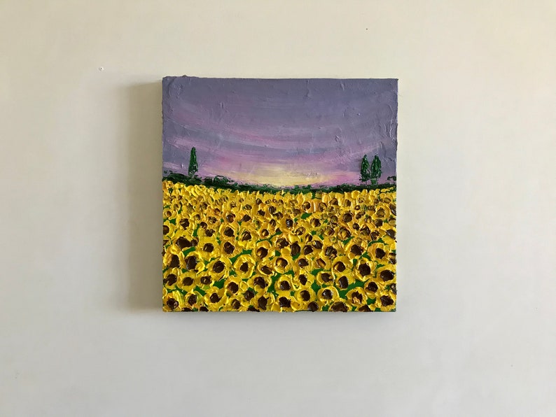 Blooming sunflowers in sunset oil painting, flower home decor, gardener gift, tuscany painting, kitchen painting image 7