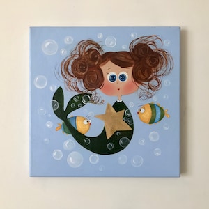 Meerjungfrau Ölgemälde Gemälde Leinwand Meerjungfrau Kunst Meerjungfrau Illustration Kinderzimmer Bild Gold Sterne Bubbles Fish Ölgemälde für Kinder