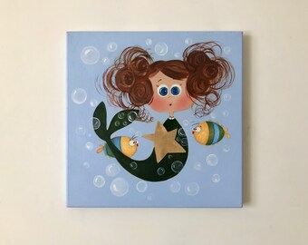 Mermaid oil painting Painting canvas Mermaid wall art Mermaid illustration Nursery decor Gold star Bubbles Fish Original painting for kids