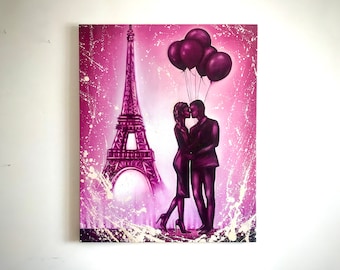 ROMANTIC COUPLE PAINTING Couple in Paris Eiffel tower Couple kissing in the rain Kissing couple paintings on canvas lovers painting abstract