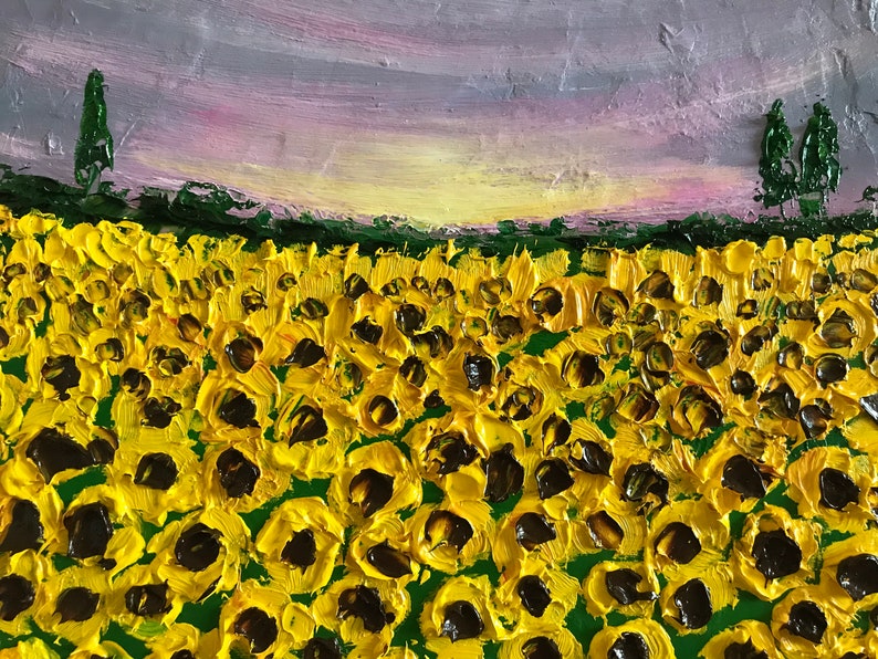 Blooming sunflowers in sunset oil painting, flower home decor, gardener gift, tuscany painting, kitchen painting image 5