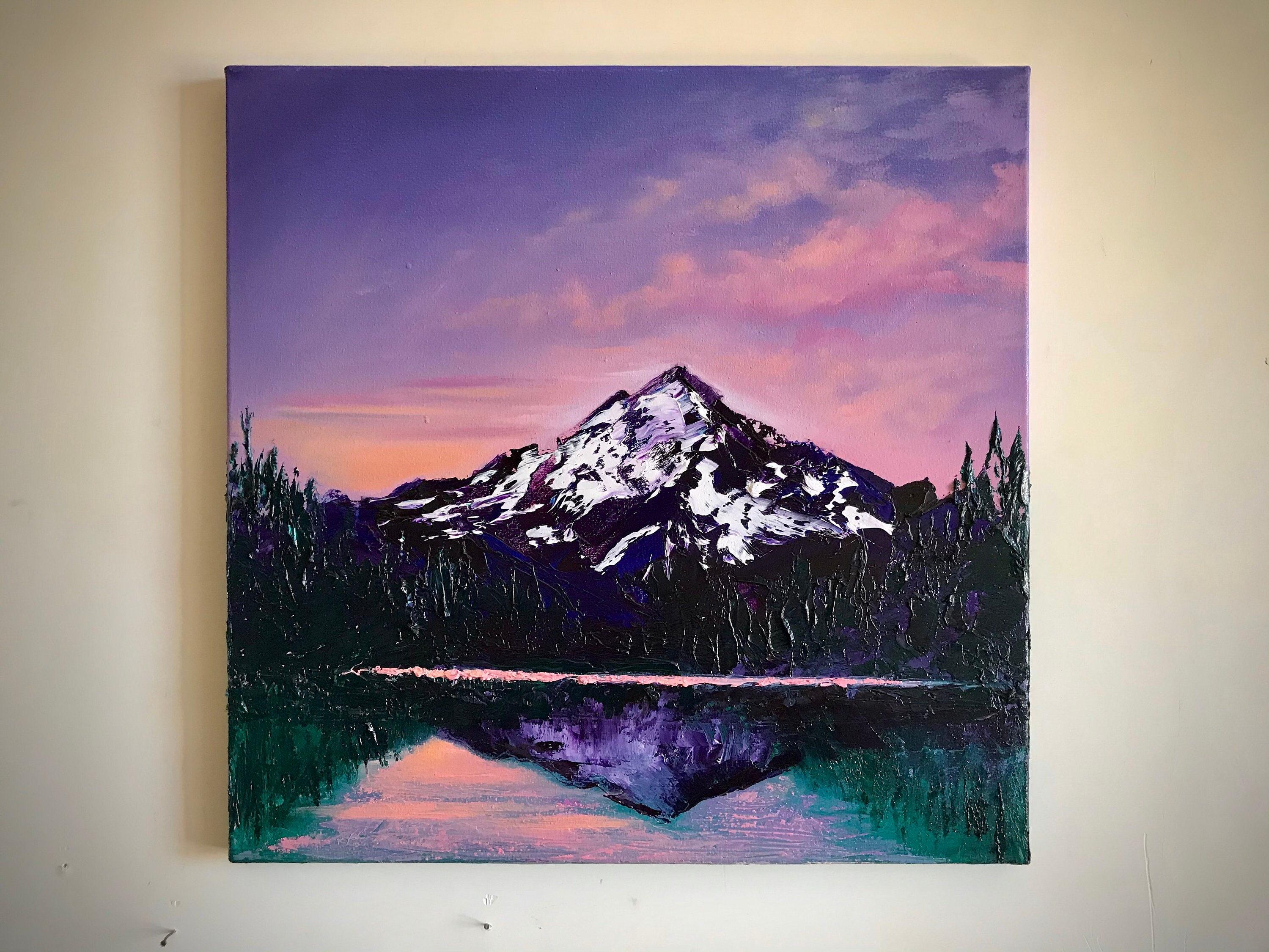 Original Mountain Oil Painting on Canvas, Sunset Lake Art (16x16) - Etsy