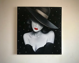 Woman in Hat Oil Painting, Original Modern Art (80x75cm)