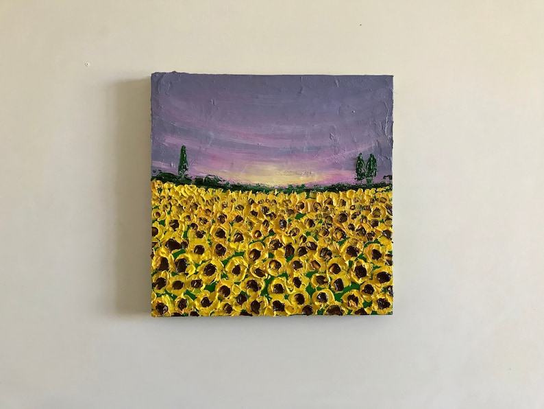 Blooming sunflowers in sunset oil painting, flower home decor, gardener gift, tuscany painting, kitchen painting image 1