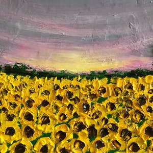 Blooming sunflowers in sunset oil painting, flower home decor, gardener gift, tuscany painting, kitchen painting image 2