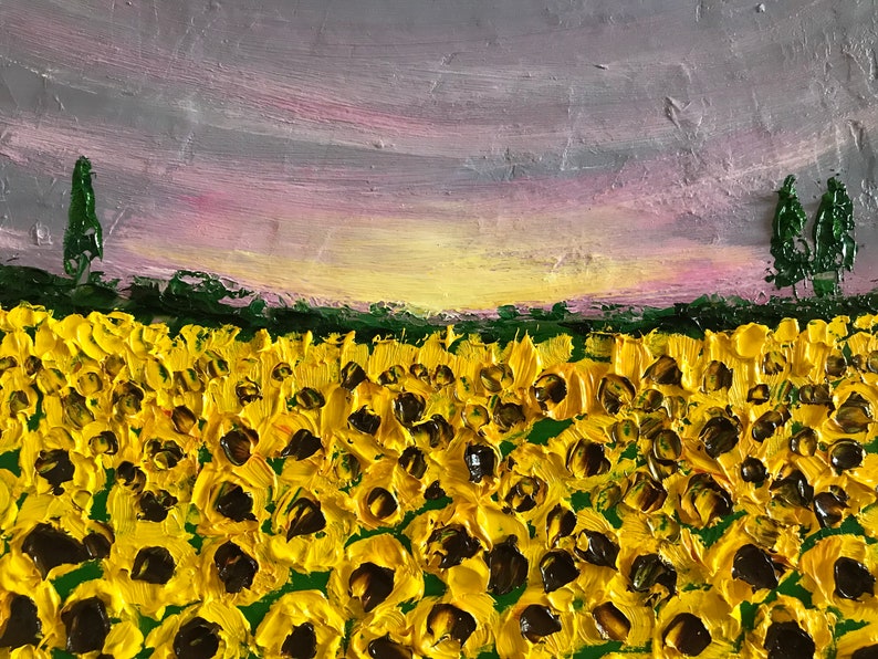 Blooming sunflowers in sunset oil painting, flower home decor, gardener gift, tuscany painting, kitchen painting image 2