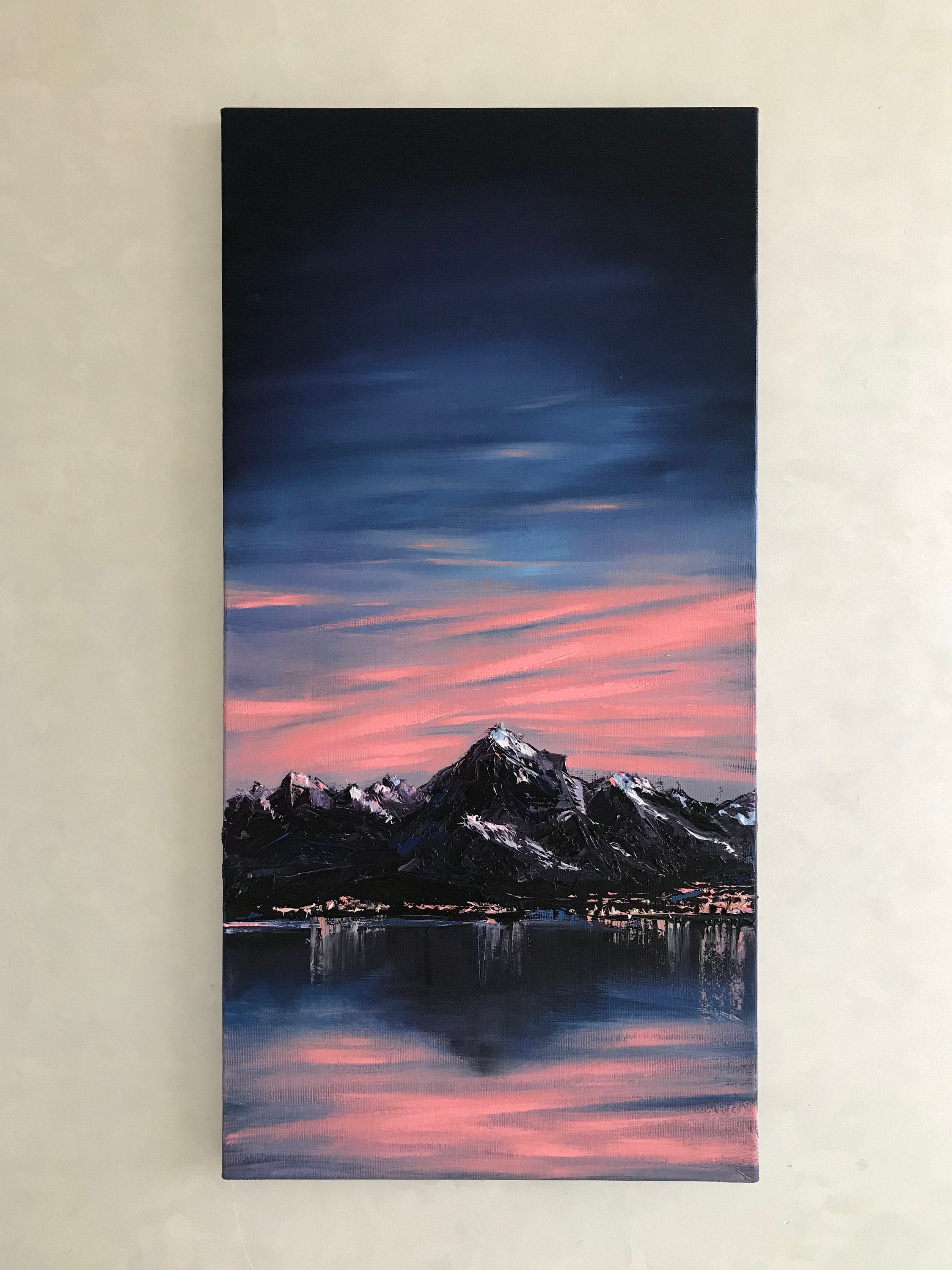 Original Mountain Lake Oil Painting, Night Sky Artwork (28x14) - Etsy