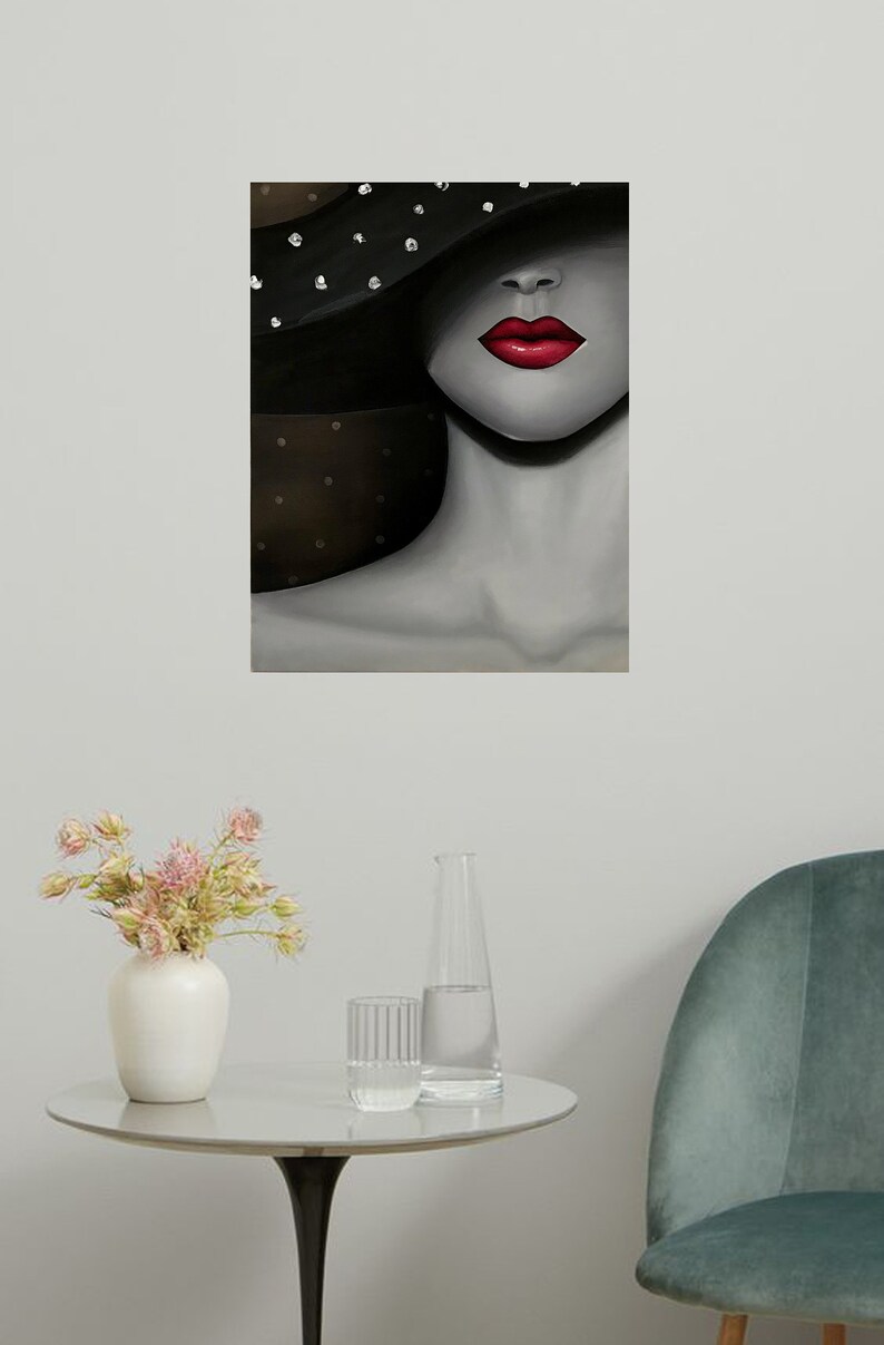 Woman in Hat Painting Red Lips Painting Romantic Fashion Wall Art Lady