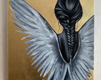 Angel painting, gold leaf painting on canvas, angel wings art for wall, custom oil painting, christmas sales