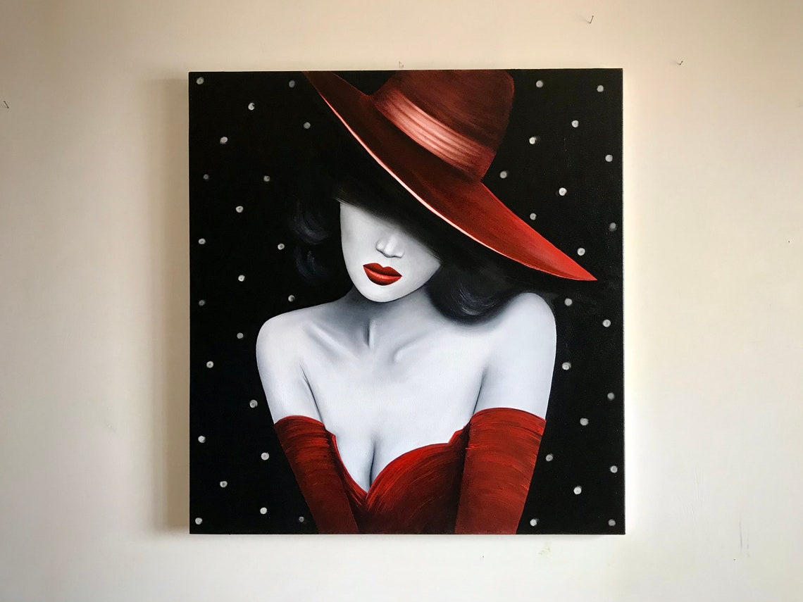 Woman in Hat Painting Woman in Red Painting Lady in Red Hat Etsy