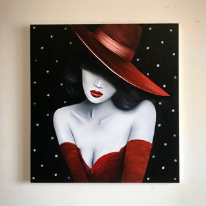 Lady in red hat, beautiful girl art, woman fashion art, stylish painting, christmas sales