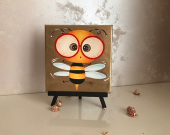 Bee painting Oil painting canvas Small painting Painting for kids room Original nursery art Bee illustration Gold leaf Hand painted