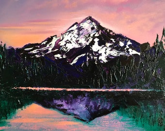 Original Mountain Oil Painting on Canvas, Sunset Lake Art (16x16)