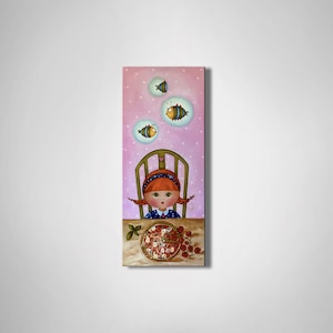 Pintura de niña Pintura al óleo sobre lienzo Decoración de la habitación para niñas Pintura de peces Pintura de pizza Decoración de guardería Decoración de cocina Regalo para niñas