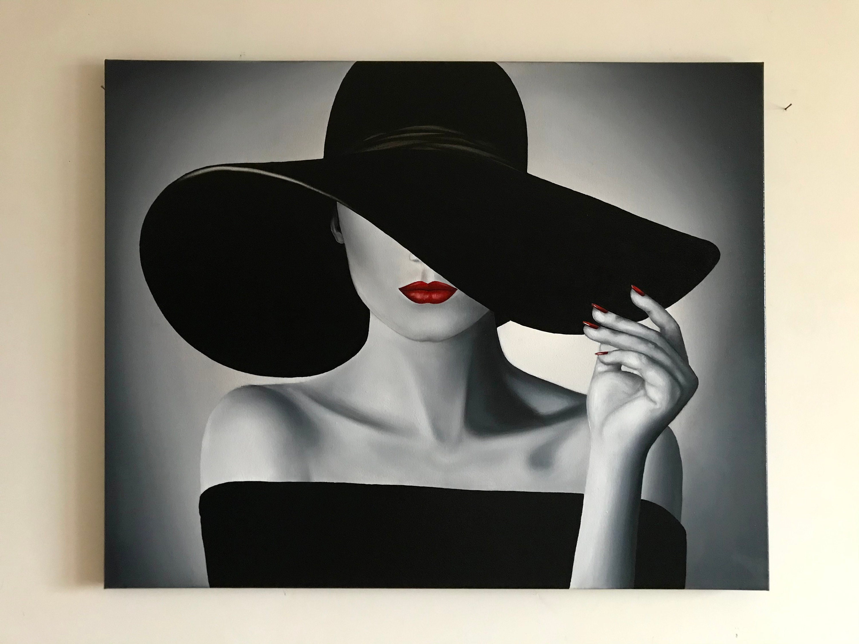 Woman With Hat Painting Sensual Woman Art Red Lips Art Lady In Hat Il Fullxfull.3019751664 Jfac 