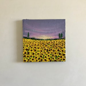 Blooming sunflowers in sunset oil painting, flower home decor, gardener gift, tuscany painting, kitchen painting image 3