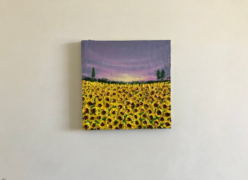 Blooming sunflowers in sunset oil painting, flower home decor, gardener gift, tuscany painting, kitchen painting image 3