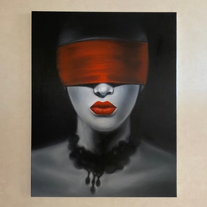 Weibliche Ölgemälde, Frau mit roten Lippen Malerei, Augenbinde Kunst, sinnliche Malerei, weibliche Porträtkunst, Fotorealismus Ölgemälde