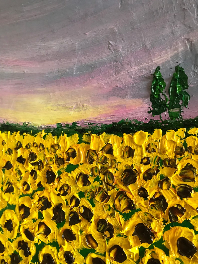 Blooming sunflowers in sunset oil painting, flower home decor, gardener gift, tuscany painting, kitchen painting image 6