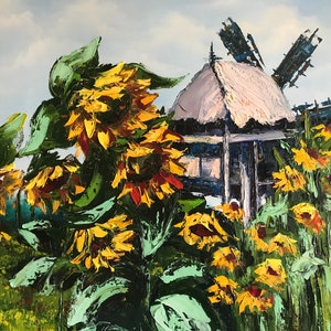 SUNFLOWER FIELD PAINTING Landscape oil painting Textured sunflower Sunflower oil painting original Sunflower wall art Ukrainian oil painting