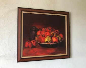 静物画 油彩画 果物 油彩画 静物画 果物 木製フレーム （伊藤仁「静物画（さくらんぼ